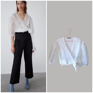 NWOT Zara Embroidered Organza Wrap Top White